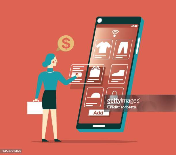 stockillustraties, clipart, cartoons en iconen met online shopping - businesswoman - debit cards credit cards accepted