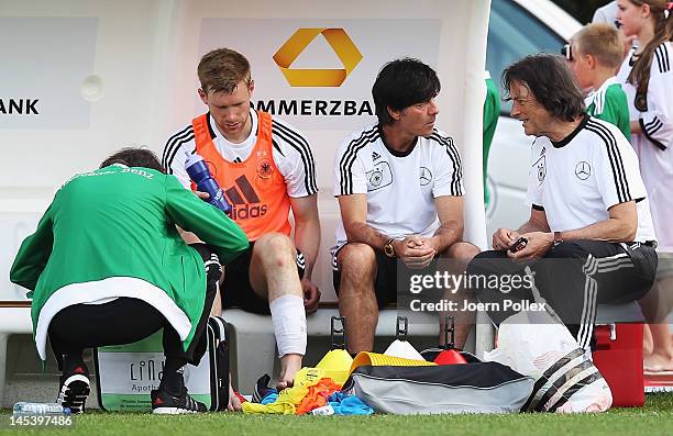 Per Mertesacker gets treated during a Germany training session at Stadium Tourrettes on May 28, 2012 in Tourrettes Sur Loup, France.