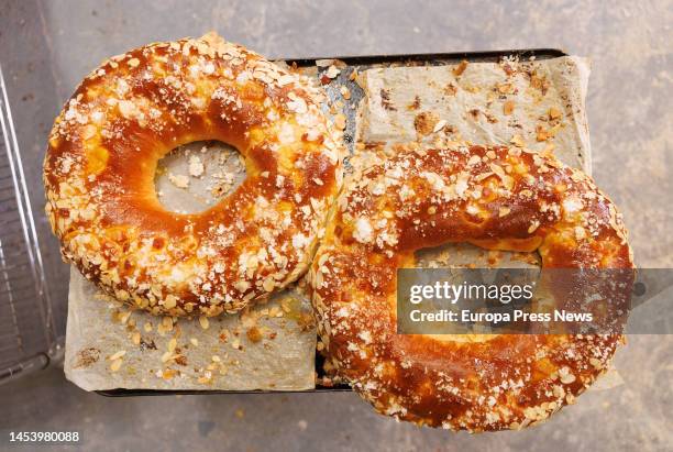 Two roscones on a tray at the Panadario bakery on January 3 in Madrid, Spain. Madrilenians will consume 2.6 million artisan "roscones de Reyes" this...