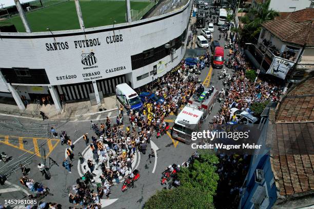 The coffin of Brazilian football legend Pelé leaves Vila Belmiro stadium on January 03, 2023 in Santos, Brazil. Brazilian football icon Edson Arantes...