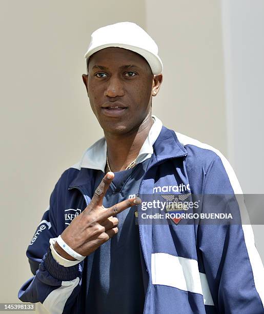 Ecuadorean football player Jaime Ayovi gestures to the press during the national team's pre-match preparation in Quito on May 28, 2012. Ecuador will...