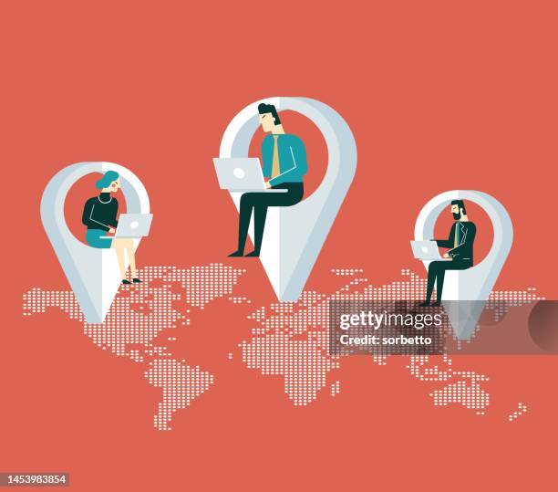 remote working around the world - team looking at computer screen stock illustrations