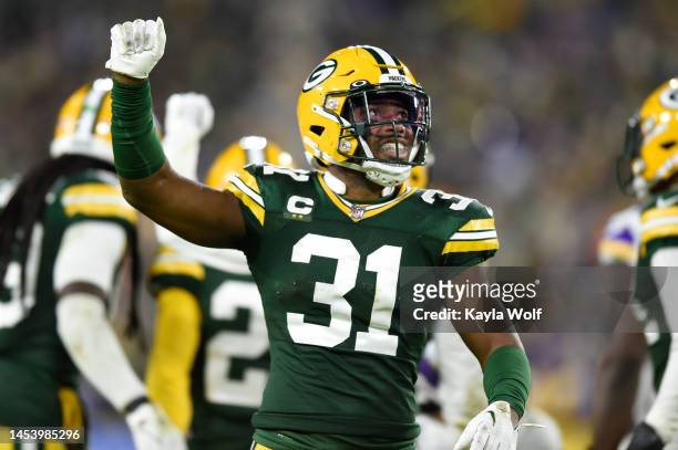 Adrian Amos of the Green Bay Packers reacts to a missed field goal by the Minnesota Vikings during the first half at Lambeau Field on January 01,...