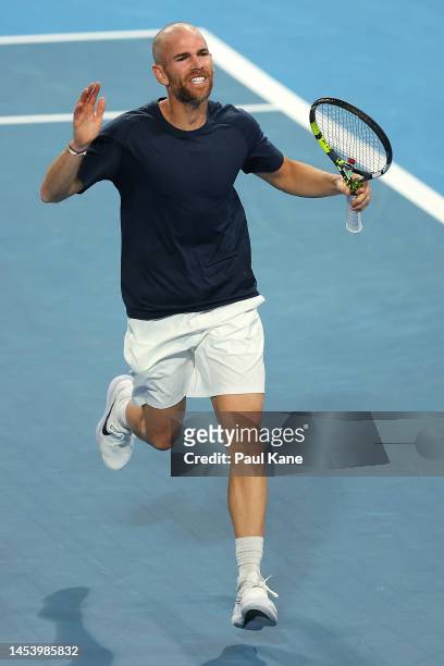 Adrian Mannarino of France celebrates winning a game in the Men's singles match against Borna Gojo of Croatia during day six of the 2023 United Cup...