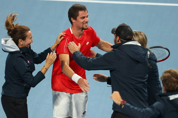 Borna Gojo of Croatia celebrates winning the Men's singles match against Adrian Mannarino of France during day six of the 2023 United Cup at RAC...