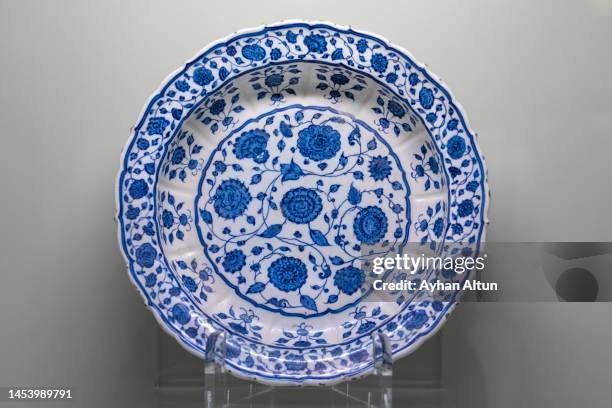 blue and white plate, iznik pottery, istanbul, turkey - porcelain stock pictures, royalty-free photos & images