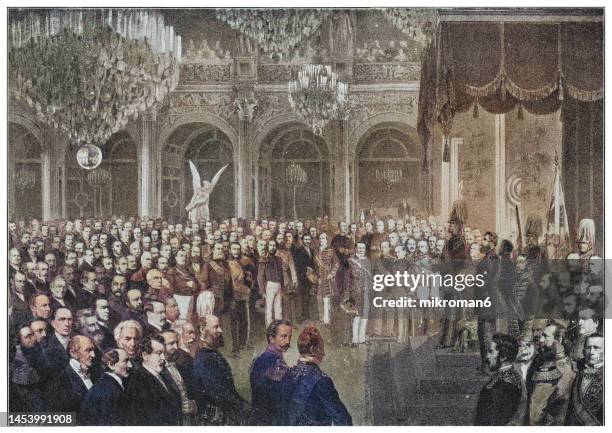 old engraving illustration of king william i, german emperor opens the first reichstag of the north german confederation on february 24, 1867, germany - prussian flag fotografías e imágenes de stock