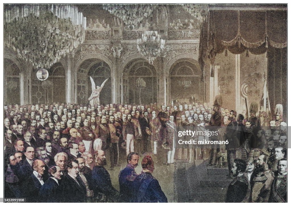 Old engraving illustration of King William I, German Emperor opens the first Reichstag of the North German Confederation on February 24, 1867, Germany