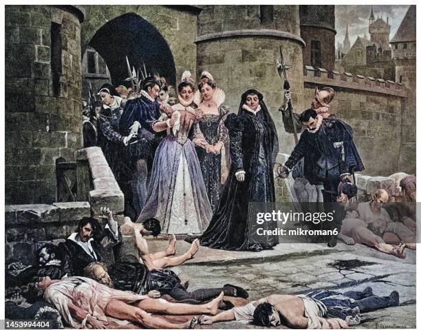 old engraved illustration of catherine de' medici emerging from the louvre palace to inspect a heap of bodies (st. bartholomew's day massacre) - queen stock illustrations stock pictures, royalty-free photos & images