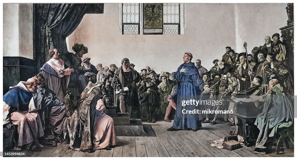 Old illustration of Martin Luther's Speech at the Diet of Worms (1521)