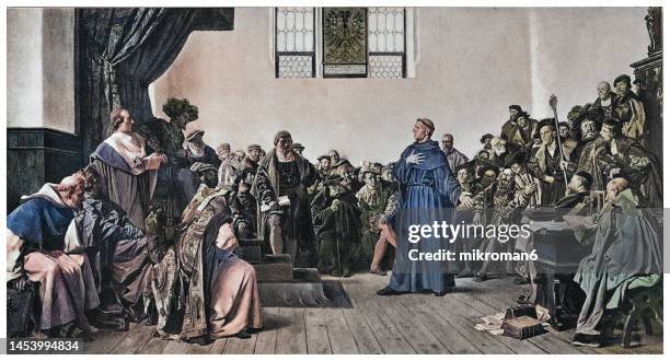 old illustration of martin luther's speech at the diet of worms (1521) - protestantism stock pictures, royalty-free photos & images