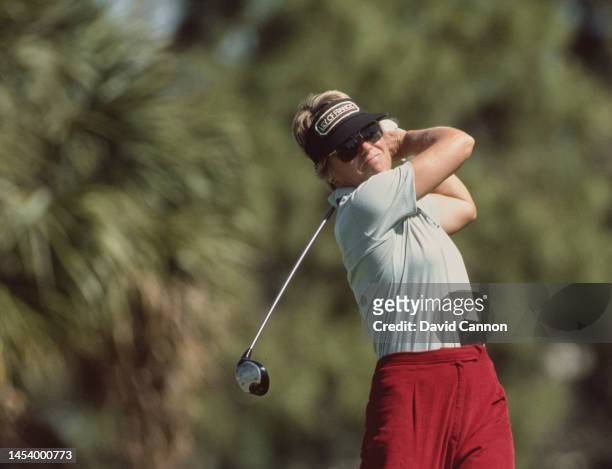Jerilyn Britz of the United States watches her shot off the fairway during the 14th edition of the Nabisco Dinah Shore golf tournament on 7th April...