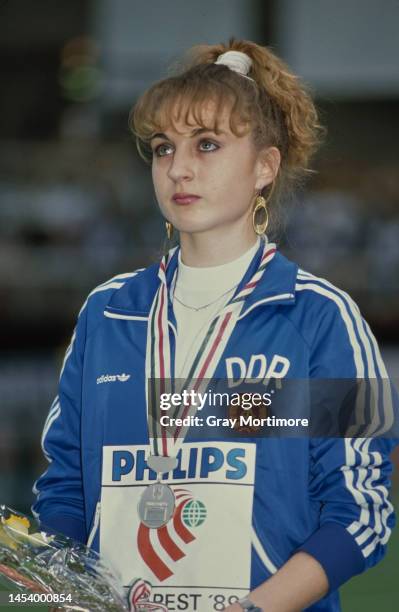 Beate Anders from East Germany stands on the podium with the silver medal after finishing in 2nd place in the Women's 3000 metres Walk race at the...