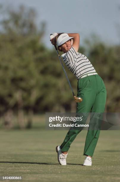 Becky Pearson of the United States watches her shot off the fairway during the 14th edition of the Nabisco Dinah Shore golf tournament on 7th April...