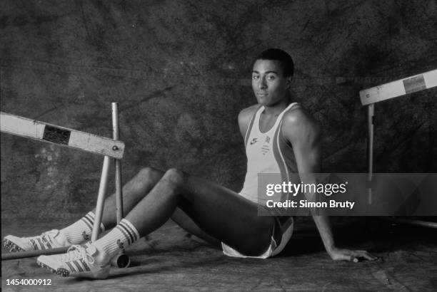 This image has been converted to black and white) Portrait of 110 metre hurdler World Champion Colin Jackson of Great Britain on 1st June 1987 at the...