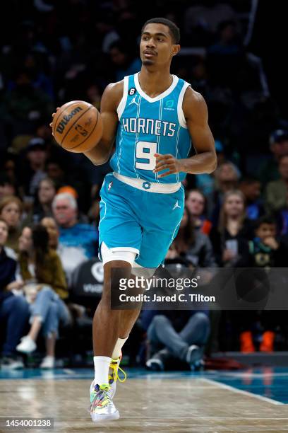 Theo Maledon of the Charlotte Hornets brings the ball up court during the first quarter of the game against the Oklahoma City Thunder at Spectrum...