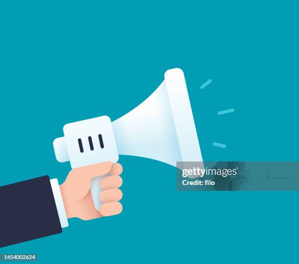 person holding a megaphone bullhorn announcement - teal stock illustrations