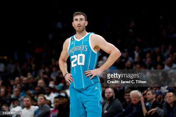 Gordon Hayward of the Charlotte Hornets looks on during the second half of the game against the Oklahoma City Thunder at Spectrum Center on December...