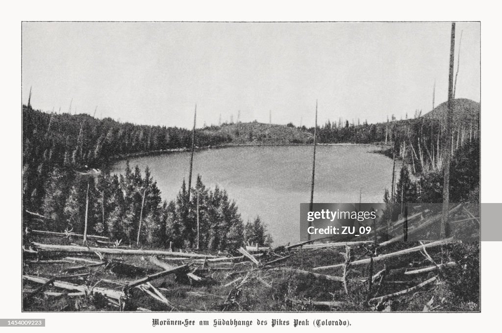 Moraine lake near Pikes Peak, Colorado, USA, halftone print, 1899