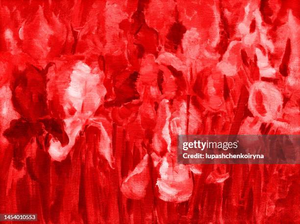 illustration oil painting in red  andscape flowers irises blooming on a flowerbed - red bud stock illustrations