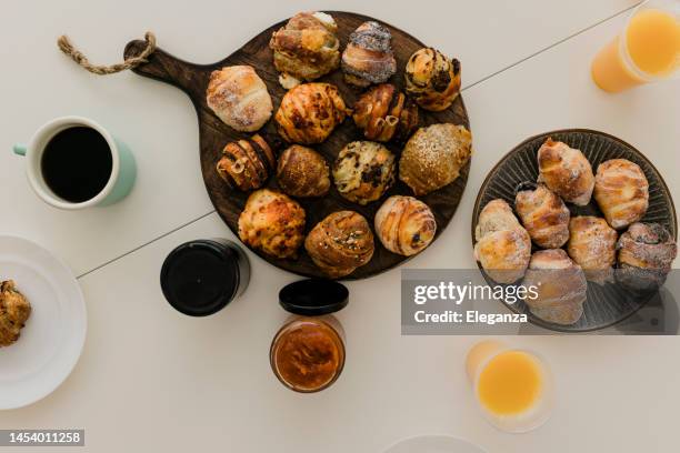 top view of fresh breakfast on table - breakfast pastries stock pictures, royalty-free photos & images