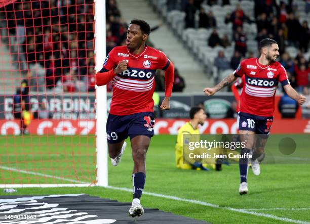 Jonathan David of Lille celebrates his goal during the Ligue 1 match between Lille OSC and Stade Reims at Stade Pierre-Mauroy on January 2, 2023 in...