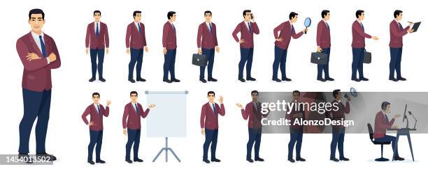 set of businessman character design. different poses design. - two dimensional shape stock illustrations