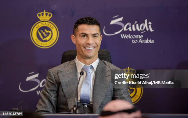 Cristiano Ronaldo attends a press conference during the official unveiling of Cristiano Ronaldo as an Al Nassr player at Mrsool Park Stadium on...