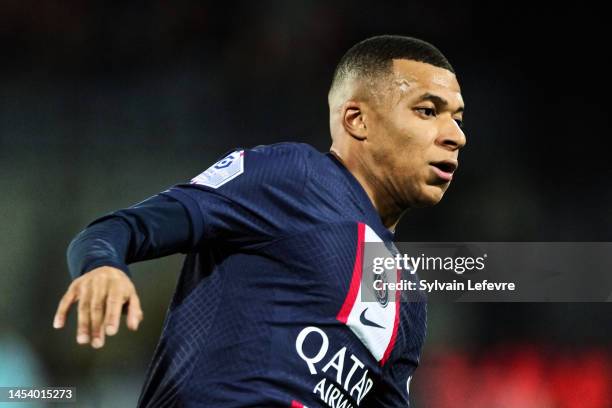 Kylian Mbappe of Paris SG during the Ligue 1 match between RC Lens and Paris Saint-Germain at Stade Bollaert-Delelis on January 1, 2023 in Lens,...