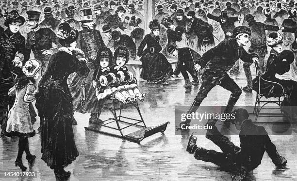ice rink crowd having fun - man sledding stock illustrations