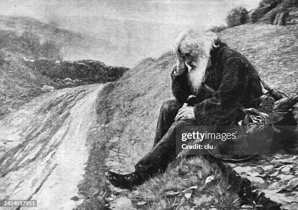 homeless, elderly man sitting at the wayside holding his head - homeless cartoon stock illustrations