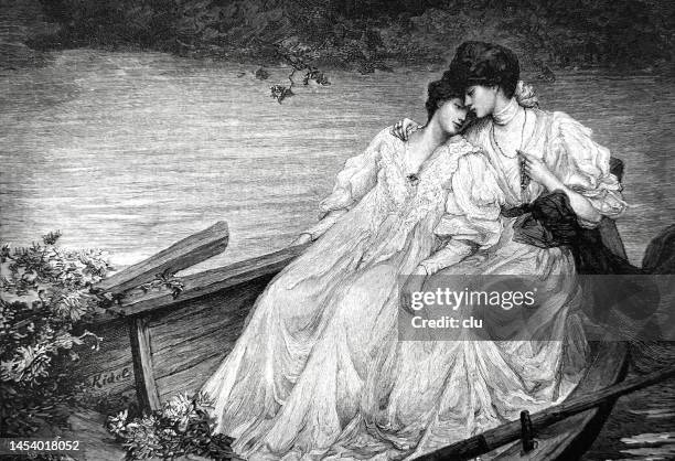 two young beautiful women in love sitting in a boat embracing - lgbt history stock illustrations