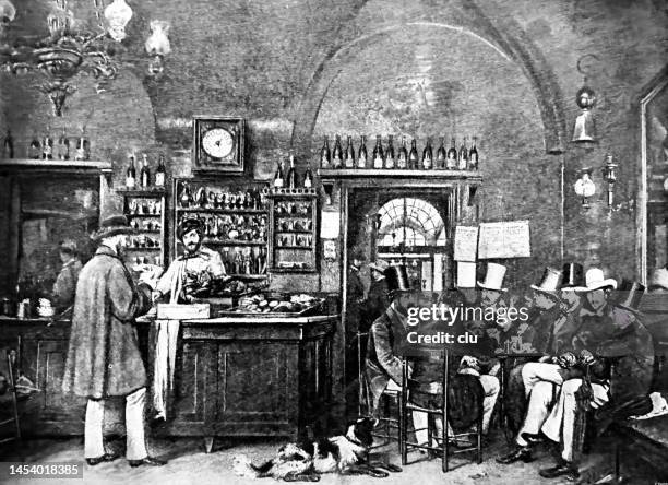 caffe grecco, rome, men drinking, talking and discussing literature - caffe bar stock illustrations