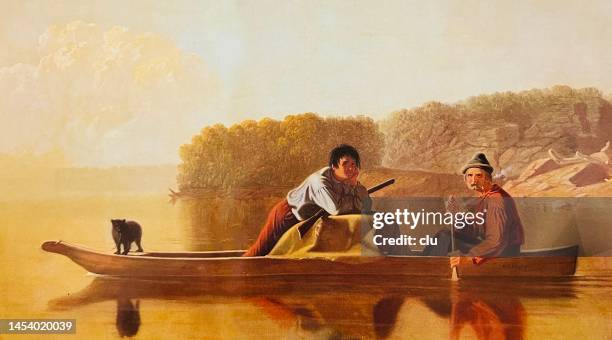 ilustrações de stock, clip art, desenhos animados e ícones de return of the trappers in a boat, 1851 - céu romântico