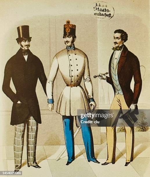 fashion of the vienna dandy, presented by three young men - menswear stock illustrations