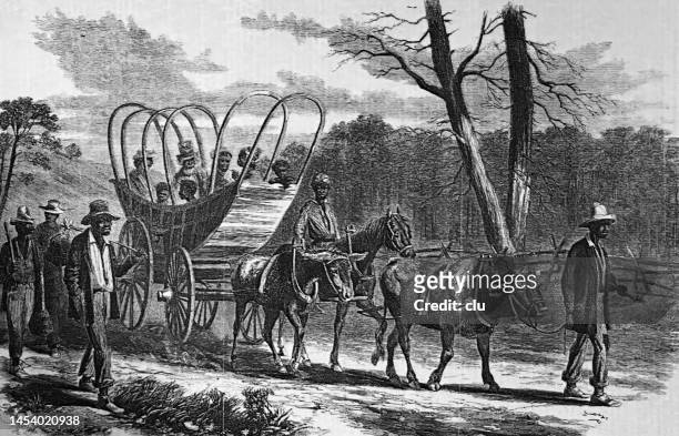 fleeing slaves with a carriage on the way to a new shelter - escaping slavery stock illustrations