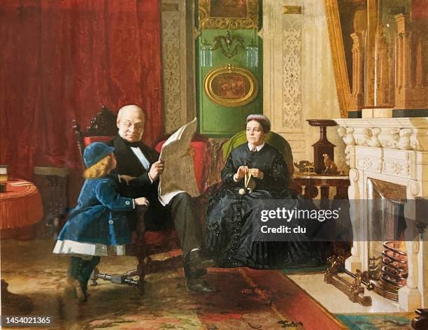 stockillustraties, clipart, cartoons en iconen met wealthy new york family in living room, grandfather reading newspaper, granddauthter talking to him, wife knitting, at the fireplace - familie met meerdere generaties