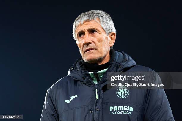 Quique Setien, Head Coach of Villarreal CF looks on prior to the Copa del Rey Round of 32 match between FC Cartagena and Villarreal CF at Estadio...