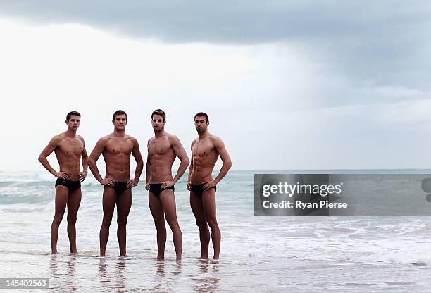 Eamon Sullivan, James Roberts, James Magnussen and Matt Targett of Australia pose during an Australian swimming portrait session on Manly Beach on...