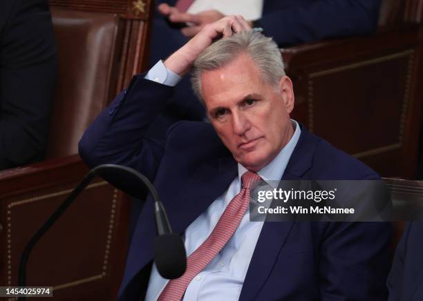 House Minority Leader Kevin McCarthy reacts as Representatives cast their votes for Speaker of the House on the first day of the 118th Congress in...
