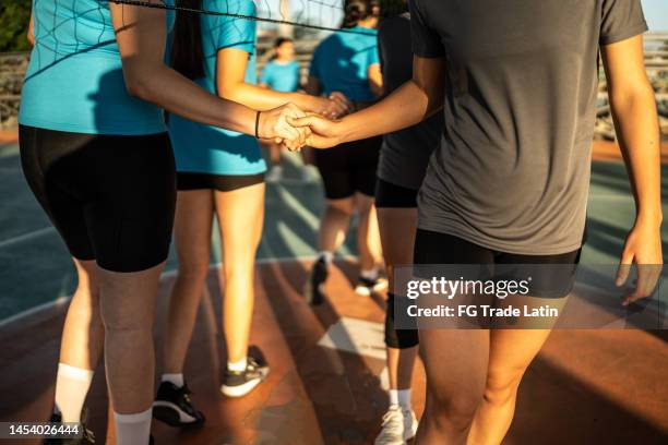 female volleybal players greeting each other before the game at sports court - volleyball park stock pictures, royalty-free photos & images