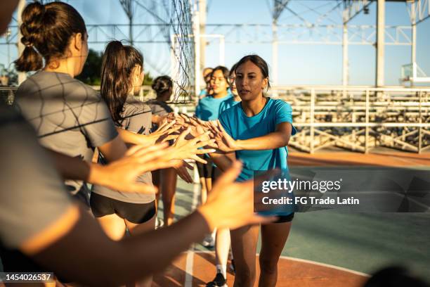 volleyballspielerinnen begrüßen sich vor dem spiel auf dem sportplatz - fairness stock-fotos und bilder
