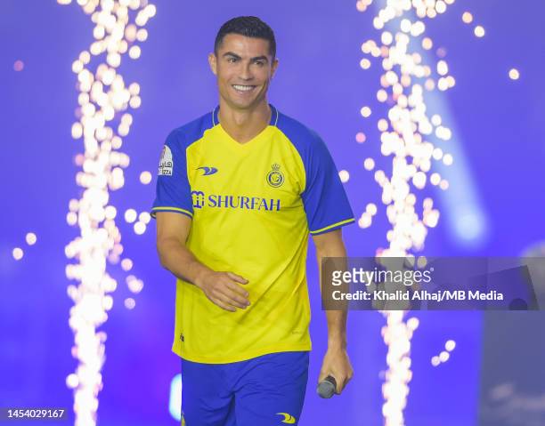 Cristiano Ronaldo smiles as he is unveiled as an Al Nassr player at Mrsool Park Stadium on January 3, 2023 in Riyadh, Saudi Arabia.