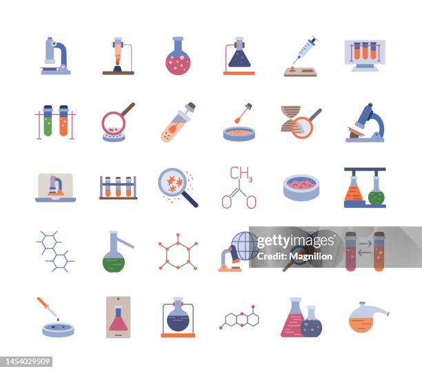 ilustrações, clipart, desenhos animados e ícones de conjunto de ícones planos de laboratório - tubo equipamento de laboratório