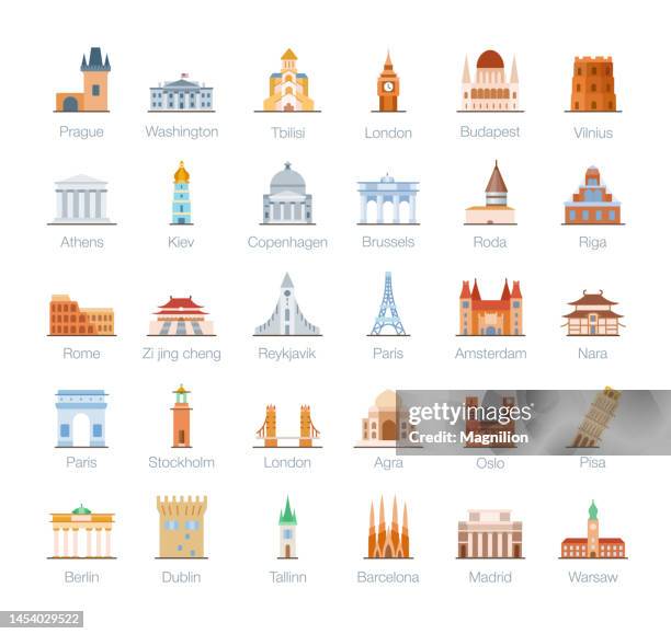 ilustraciones, imágenes clip art, dibujos animados e iconos de stock de conjunto de iconos planos de puntos de referencia - budapest