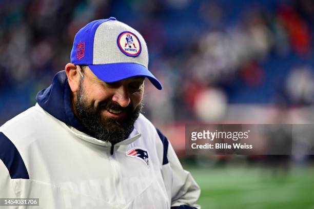 Matt Patricia of the New England Patriots reacts against the Miami Dolphins at Gillette Stadium on January 01, 2023 in Foxborough, Massachusetts.