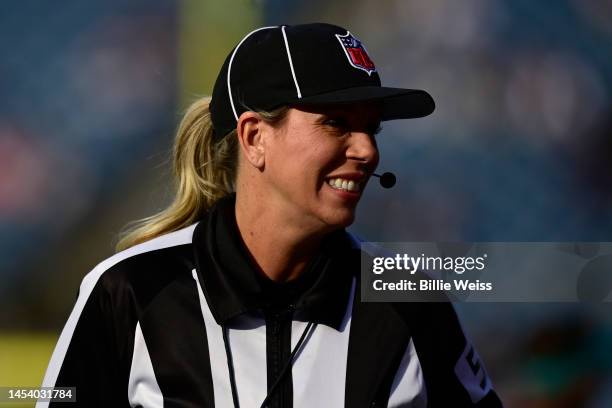 Referee Sarah Thomas reacts during a game between the New England Patriots and the Miami Dolphins at Gillette Stadium on January 01, 2023 in...