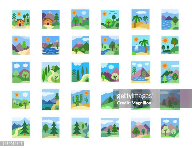 landscape flat icons set - hut icon stock illustrations
