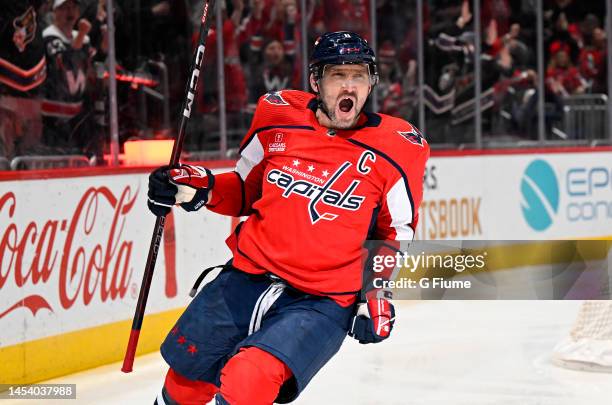 Alex Ovechkin of the Washington Capitals celebrates after scoring in the second period against the Ottawa Senators at Capital One Arena on December...