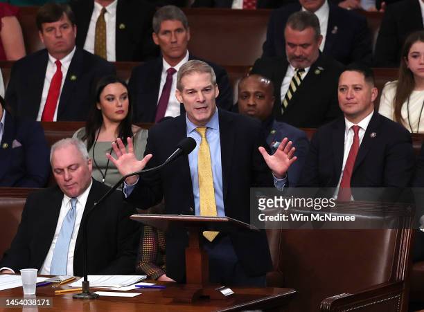 Rep. Jim Jordan delivers remarks as the House of Representatives holds their vote for Speaker of the House on the first day of the 118th Congress in...